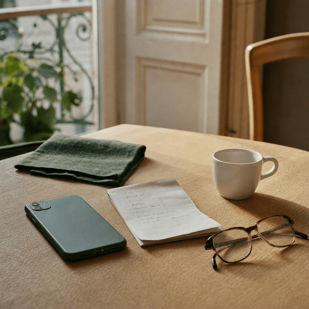 Une table en bois avec un téléphone posé face contre le plateau, une liste manuscrite, une tasse et des lunettes.